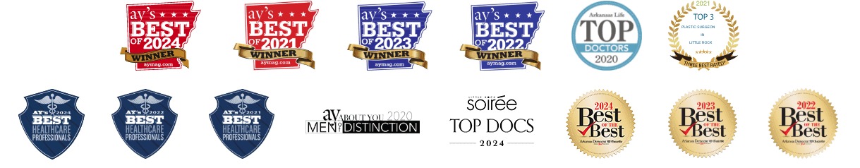 Wright Plastic Surgery and Med Spa awards from ay's best of 2021, 2022, 2023, & 2024; ay about you 2020 men of distinction; arkansas life top 2020 doctors; top 3 plastic surgeons in little rock 2021; ay's best healthcare professionals of 2021, 2022 and 2024; Arkansas Democrat Gazette Best of the Best 2022 & 2023