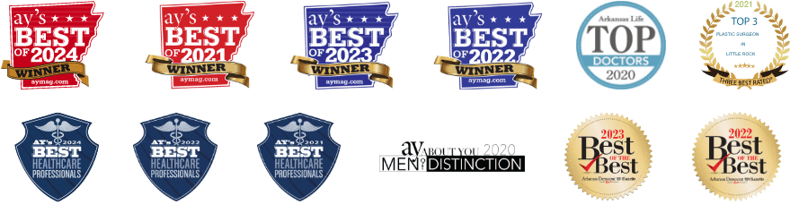 Wright Plastic Surgery awards from ay's best of 2021, 2022, 2023, & 2024; ay about you 2020 men of distinction; arkansas life top 2020 doctors; top 3 plastic surgeons in little rock 2021; ay's best healthcare professionals of 2021, 2022 and 2024; Arkansas Democrat Gazette Best of the Best 2022 & 2023
